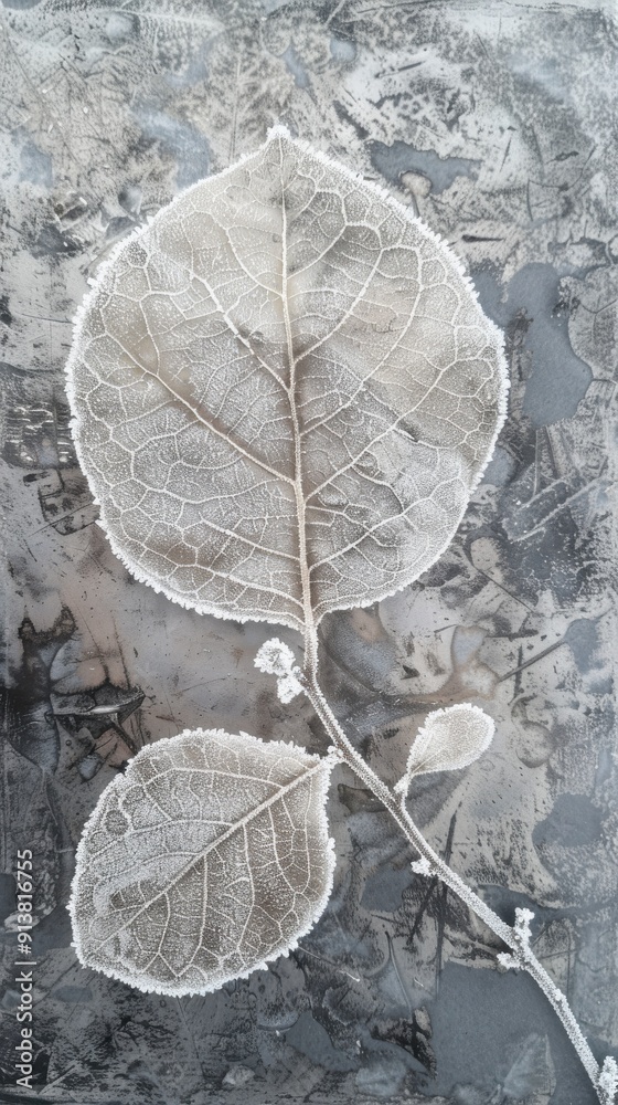 Poster a single leaf, covered in delicate frost, stands out against a gray, textured background. the leaf's