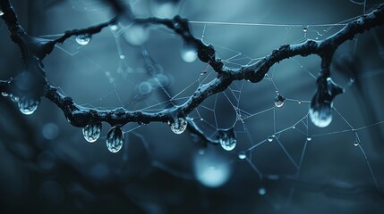  A tree branch, laden with dewdrops, in a dense, fog-shrouded forest