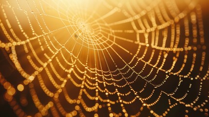  Close-up of a spider's web adorned with dewdrops, sun shining behind