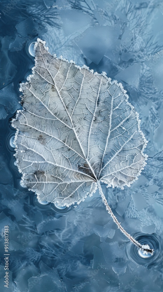Poster a single, delicate leaf, covered in a thin layer of frost, floats on the surface of a frozen pond. t