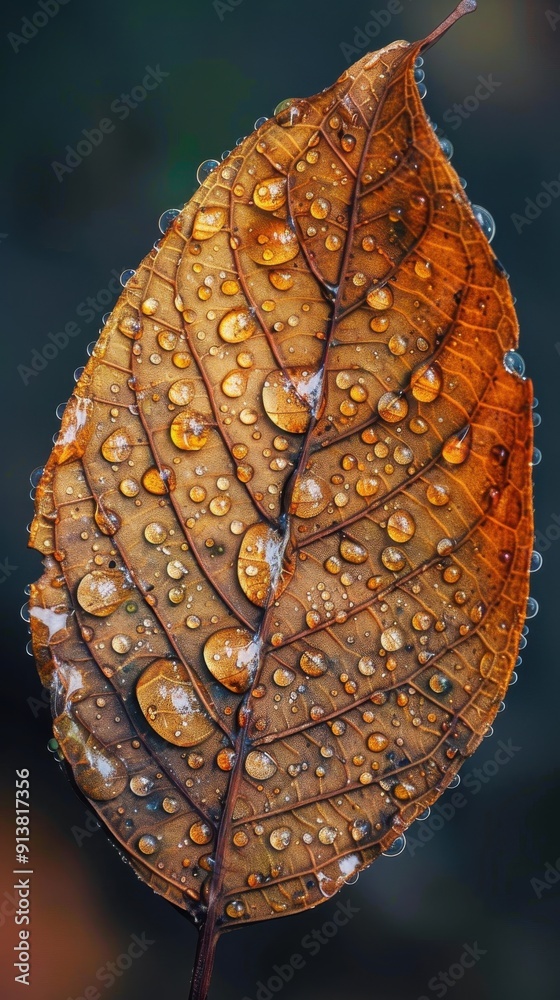 Poster a close-up image of a single autumn leaf, showcasing its intricate veins and texture. the leaf is co