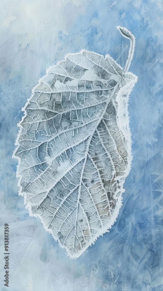 Poster a single leaf, covered in a thick layer of frost, rests on a cool, blue background. the intricate de
