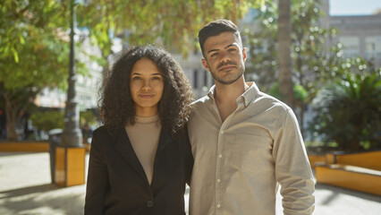 A man and woman together in a sunlit park, offering a portrayal of a relationship and togetherness in an urban outdoor setting.