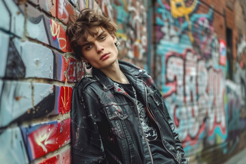 Naklejka premium A young person wearing retro attire leans against a graffiticovered wall, combining vintage style with street art in a cool and creative way