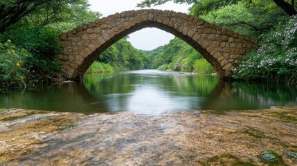 Fototapeta premium Picturesque stone arch bridge over serene river in lush green forest