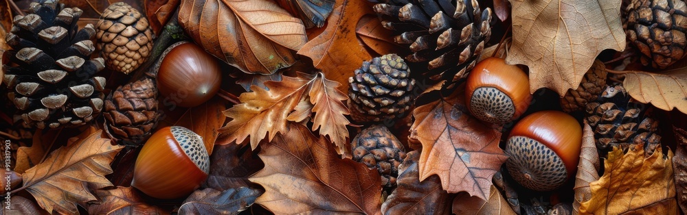 Poster a close-up view of a collection of brown pine cones and acorns scattered among a bed of autumn leave