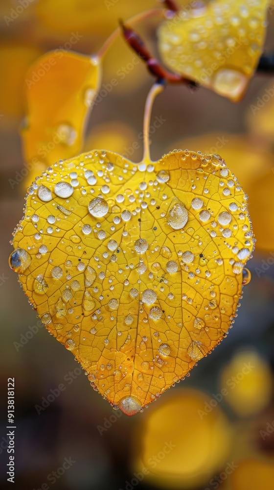 Poster a single aspen leaf, a vibrant yellow, hangs from a branch. the leaf is covered in small, round dew 