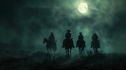 Fototapeta premium Wild West Night Patrol: Cowboys Riding Under a Full Moon - Silhouettes and Shadows for Poster Design