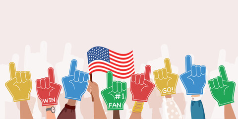Fan Foam Fingers with USA Flag. Concept of sport symbol. Sport fan hand attribute, cheer support team accessories. Athlete or basketball cheering on stadium. Banner Design template for sport game