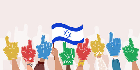 Fototapeta premium Fan Foam Fingers with Israeli Flag. Concept of sport symbol. Sport fan hand attribute, cheer support team accessories. Athlete or basketball cheering. Banner Design template for sport game