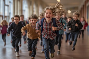 Obraz premium Joyful Pupils Embrace Excitement in School Hallway as They Return to Classroom Adventures