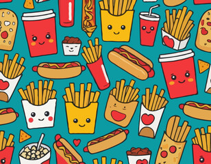 Retro Cartoon Fast Food Characters Embody Vibrant And Funky Vibes. French Fries, Hot Dog, Cola And Pizza. Pop Corn