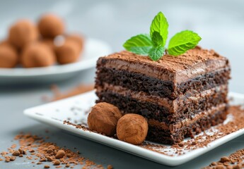 Delicious chocolate cake with mint garnish