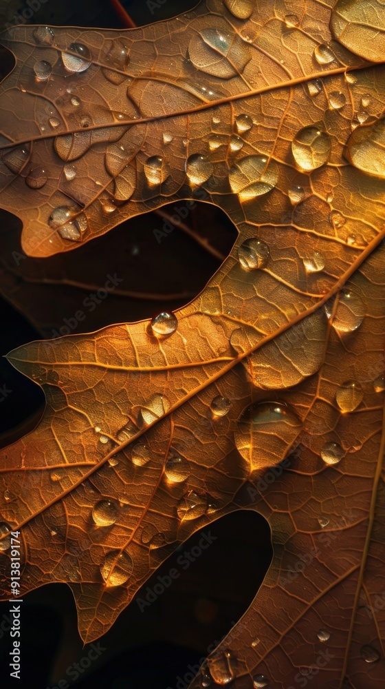 Poster a close-up shot of a single brown leaf with dew drops scattered across its surface. the intricate ve