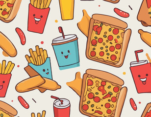 Retro Cartoon Fast Food Characters Embody Vibrant And Funky Vibes. French Fries, Hot Dog, Cola And Pizza. Pop Corn
