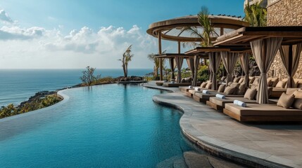 Obraz premium Infinity Pool Overlooking Ocean with Lounge Chairs and Canopy
