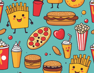 Retro Cartoon Fast Food Characters Embody Vibrant And Funky Vibes. French Fries, Hot Dog, Cola And Pizza. Pop Corn