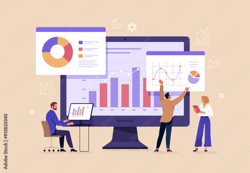 Aufkleber Business Team Analytics and Monitoring Concept. Vector illustration in flat style of a large monitor with tabs displaying graphs and chats and groups of people studying them. Isolated on background 