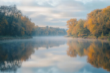 Fototapeta premium Misty Autumn Morning by River with Reflective Fall Foliage 