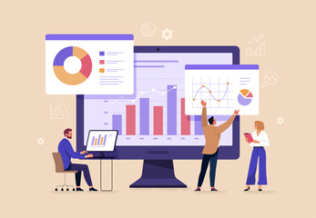 Business Team Analytics and Monitoring Concept. Vector illustration in flat style of a large monitor with tabs displaying graphs and chats and groups of people studying them. Isolated on background 