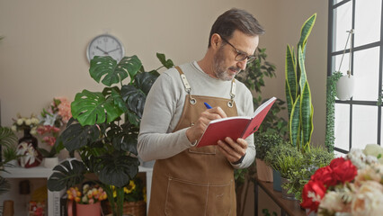 Mature man with glasses and apron writing in notebook among indoor plants and flowers at a florist shop.