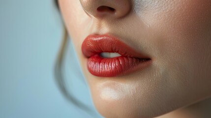  Close-up of woman's face with bold red lipstick against lightly blue background