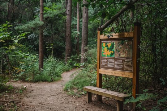 Educational Forest Sign Highlighting Conservation and Ecosystem Services on a Scenic Trail