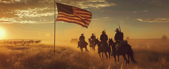 Wild West Cavalry Unit on Horseback with American Flag at Sunset - Patriotic Vigilance and Readiness