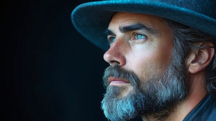 Bearded man with wide-brimmed cowboy hat looking serious on dark background