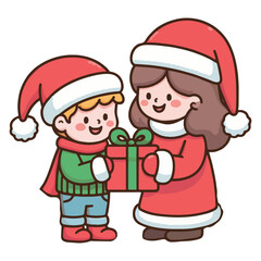 Young mother giving her son a gift for Christmas. Cartoon, color, simple, outline, plain background. Holiday season New Year.