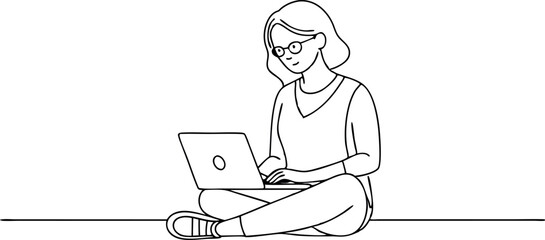 Woman Working on Laptop Sitting on Floor Line Art Illustration