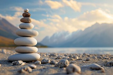 Balanced stone cairn on sandy shores with mountains and a sunset glow in the backdrop