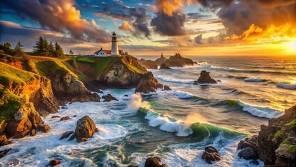 A picturesque coastal scene featuring a lighthouse standing tall on a rocky cliff. The sky is ablaze with a vibrant sunset, casting a warm glow on the lighthouse and the surrounding landscape.