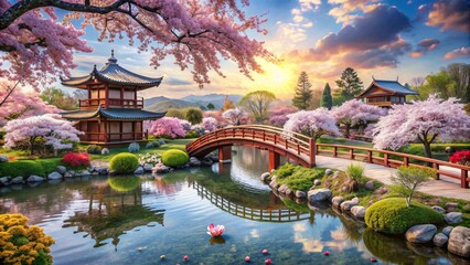 Obraz premium Spring in a Japanese garden featuring and pavilion surrounded by a serene.