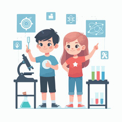Science kids. Children in chemistry laboratory little boys and girls vector cute people. Laboratory science, laboratory education experiment illustration