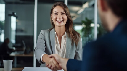 Obraz premium A professional woman in her late thirties, smiling and shaking hands with an employee at the table during a job interview in an office.