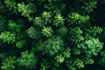 Naklejka premium An aerial view of a dense, vibrant green forest showcasing various shades of green from the treetops. The lush vegetation emphasizes the beauty and diversity of nature, generative ai