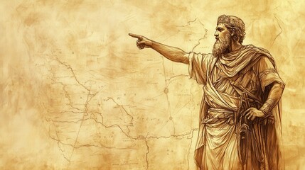 Fototapeta premium Biblical Illustration of Land Still to be Distributed: Joshua standing before a map of Canaan, pointing to the regions yet to be distributed, Beige Background