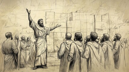 Fototapeta premium Biblical Illustration of Joshua's Farewell Address: Joshua blessing the people, sending them to their inheritances with a prayer for God's continued guidance, Beige Background