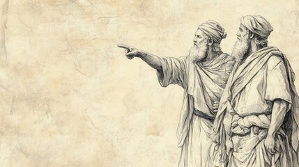 Fototapeta premium Biblical Illustration of Joshua's Commission: Moses and Joshua standing together, Moses pointing to the Promised Land, emphasizing the journey ahead, Beige Background