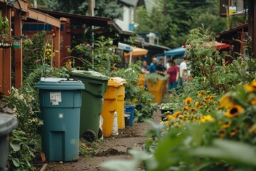 Sustainable Gardening with Compost Bins and Waste Sorting Stations in a Vibrant Community Garden