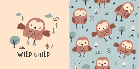 Сhildish pattern with cute owl, baby shower greeting card. Animal seamless background, cute vector texture for kids bedding, fabric, wallpaper, wrapping paper, textile, t-shirt print