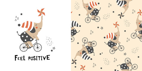 Сhildish pattern with little elephant on bike. Baby shower greeting card. Animal seamless background, cute vector texture for kids bedding, fabric, wallpaper, wrapping paper, textile, t-shirt print