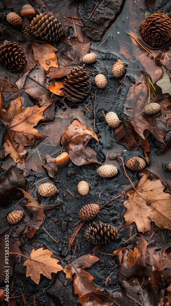 Poster a variety of pine cones and brown autumn leaves are scattered across a forest floor, partially subme