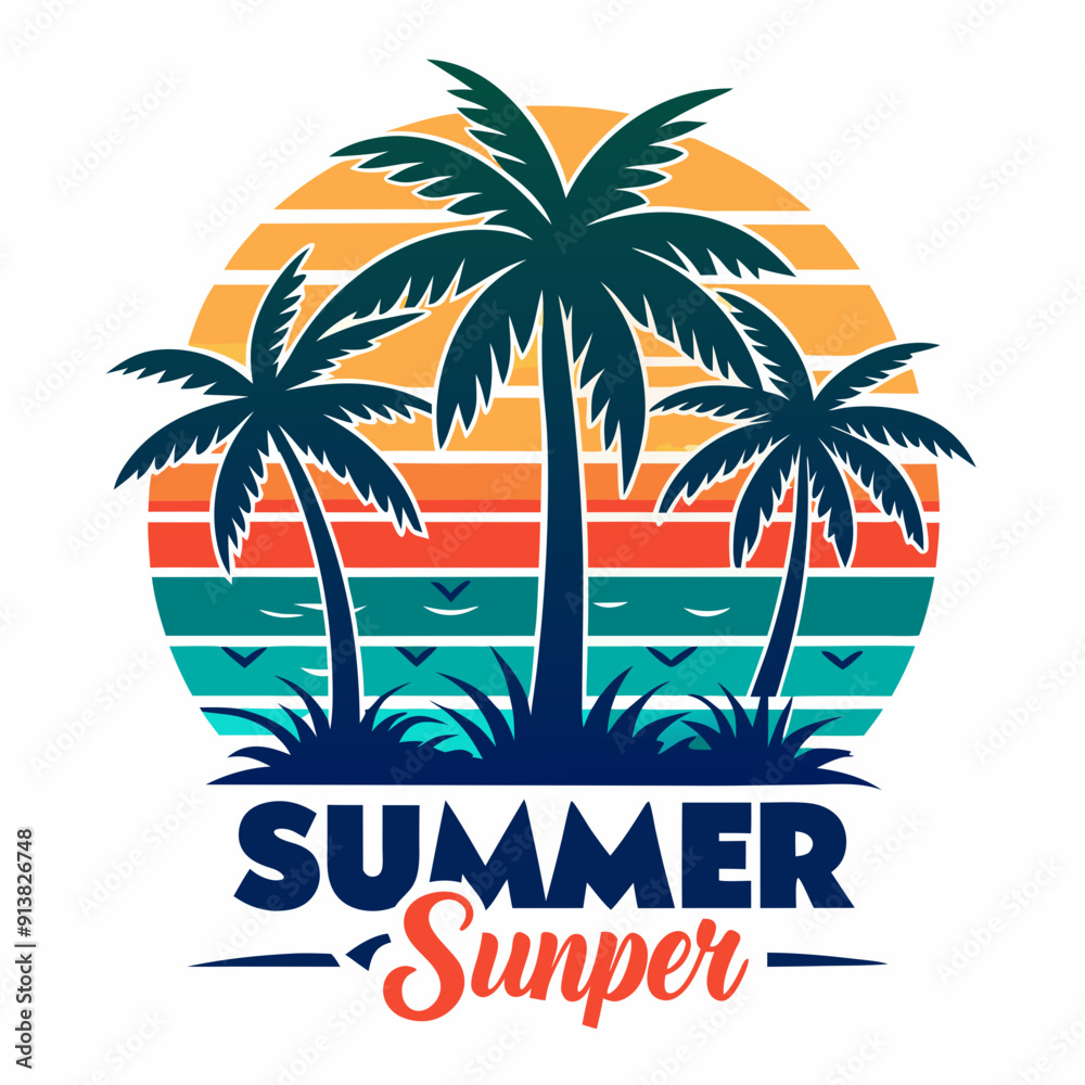 Wall mural happy summer beach with palm tree vector illustration