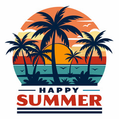 happy summer beach with palm tree vector illustration