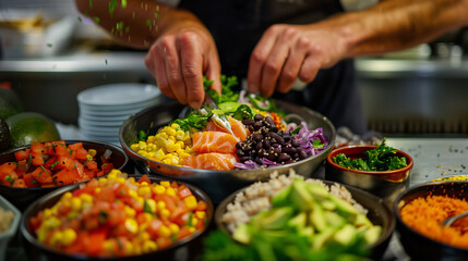 a chef preparing a Mexican-Japanese poke bowl, featuring marinated fish, corn, black beans, and avocado, with vibrant ingredients spread out on a countertop