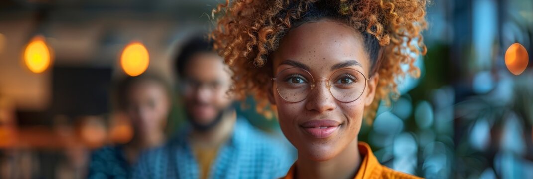 Smiling woman with curly hair and glasses in a modern office setting.