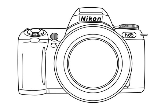 Ivano-Frankivsk, Ukraine - 26 Jul 2024: Outline drawing of a Nikon N65 (F65), hand drawing old SLR vintage film photo camera. Front view, top side. Isolated doodle vector illustration	
