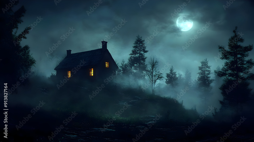 Sticker A small cabin glows with warm light amidst a foggy, moonlit forest.